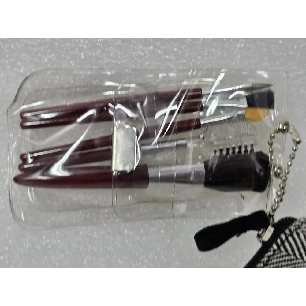 Living Things Herringbone Cosmetic Bag w Mini Makeup Brush Set Burgundy Ribbon